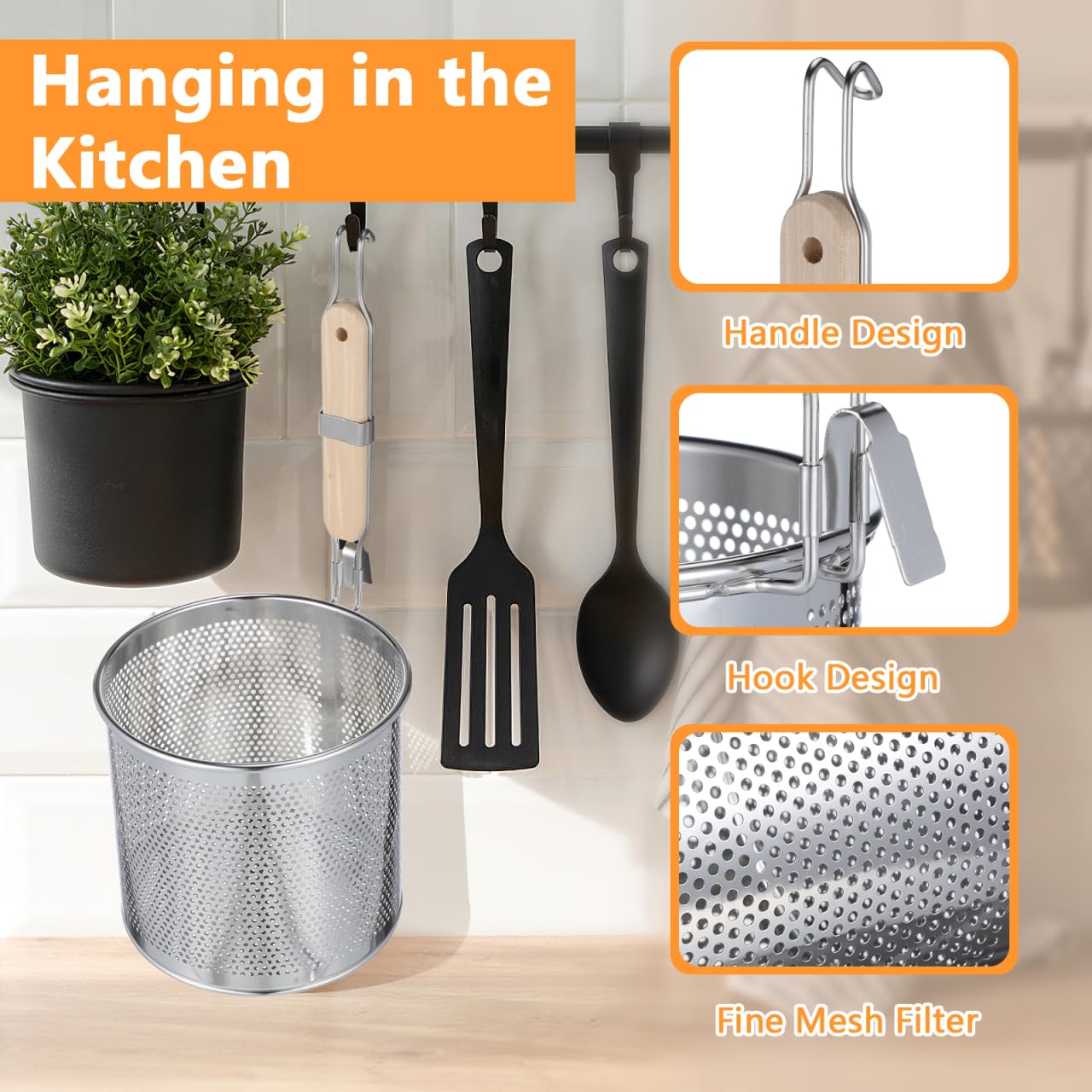 Angoily Mesh Pasta Strainer 1 Gal Stainless Steel 6.5" Deep Noodles Basket Hot Pot Colander with Wooden Handle 3.7L Boiling Spider Strainer for Cooking Dumpling Vegetable Food