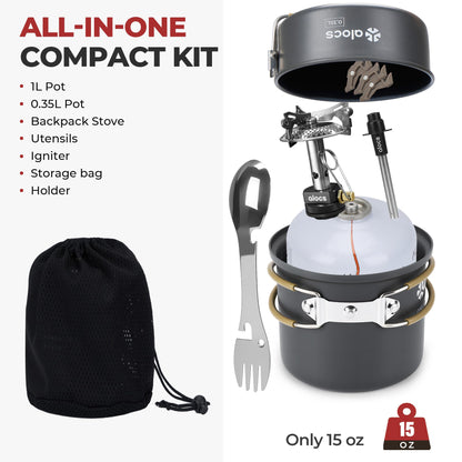 Alocs 9pcs Camping Cookware Kit, Non-Stick Lightweight Camping Pots with 3200w Stove, Igniter & Gas Canister Stand, 5-in-1 Utility Spork for Hiking, Solo Camping, Backpacking, Outdoor Cooking, Picnic