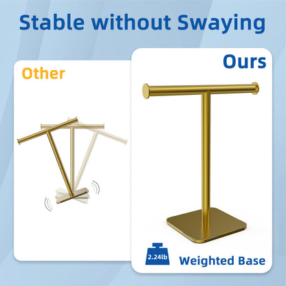 RUACQ Hand Towel Holder Stand, T-Shape Stainless Steel Free Standing Towel Rack, Vanity Countertop Towel Holder for Bathroom Kitchen Heavy Duty (Brushed Gold)