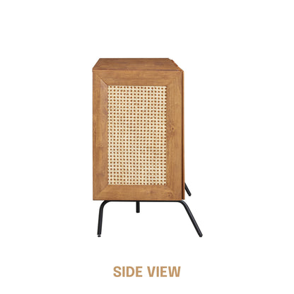 NTC MOSSIC Modern Sideboard with 3 Doors, Natural Rattan Storage Cabinet, Buffet with Metal Legs, Boho Accent Cabinet for Living Room, and Entryway, Effortless Assembly, Teak Look