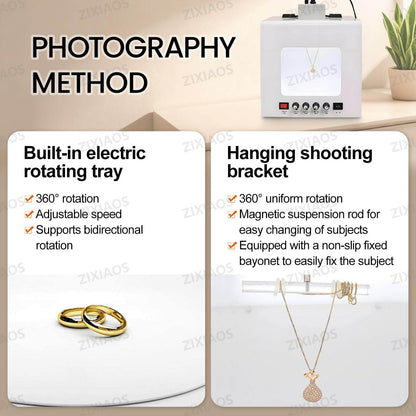 ZIXIAOS Jewelry Photography Light Box Kit with 360° Electric Rotating Feature, 4PCS Fill Lights-Adjustable Brightness,Mini Photo Studio Softbox,Support Jewelry Hanging or Placing 20cm