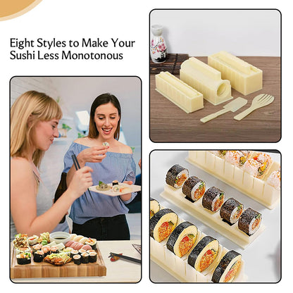 XPAPOV Sushi Making Kit, Sushi Maker 10 Pcs Plastic Sushi Tool Set Sushi Rice Roll Mold Shapes, DIY Sushi Roller Tool for Home (Beige)