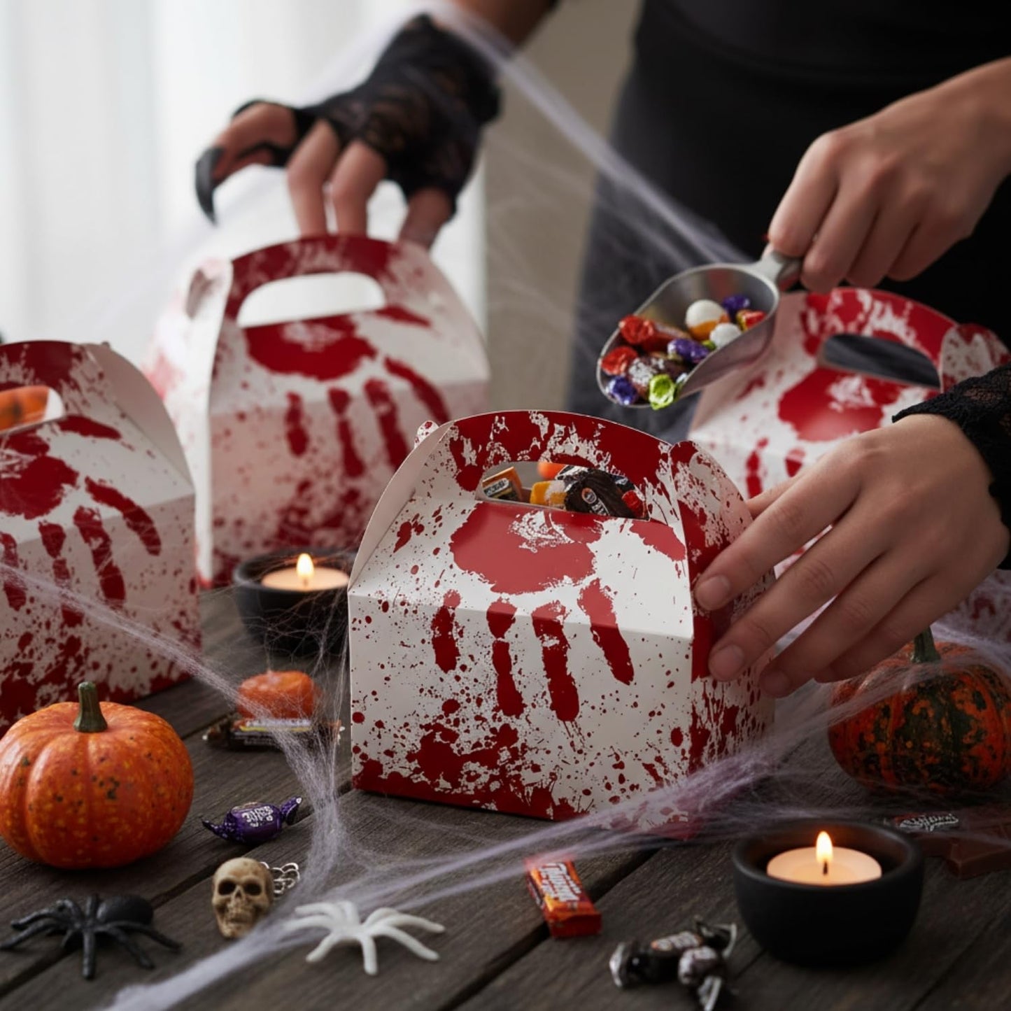 Fun Express Halloween Horror Party Favor Boxes - 6" x 5.25" (12 Pcs.) - Bloody Cardstock Treat Holders - Ideal for Spooky-Themed Events, Costume Parties, and Trick-or-Treats