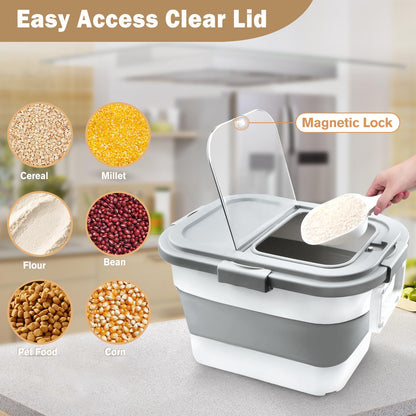 Komzon Rice Storage Container, Collapsible Airtight 10-40 Lb Rice Storage Container, 25lb Pet Dog Food Storage Container, Rice Dispenser Bin with Cup and Scoop for Flour Cereal Pasta Grain, Cat Bird