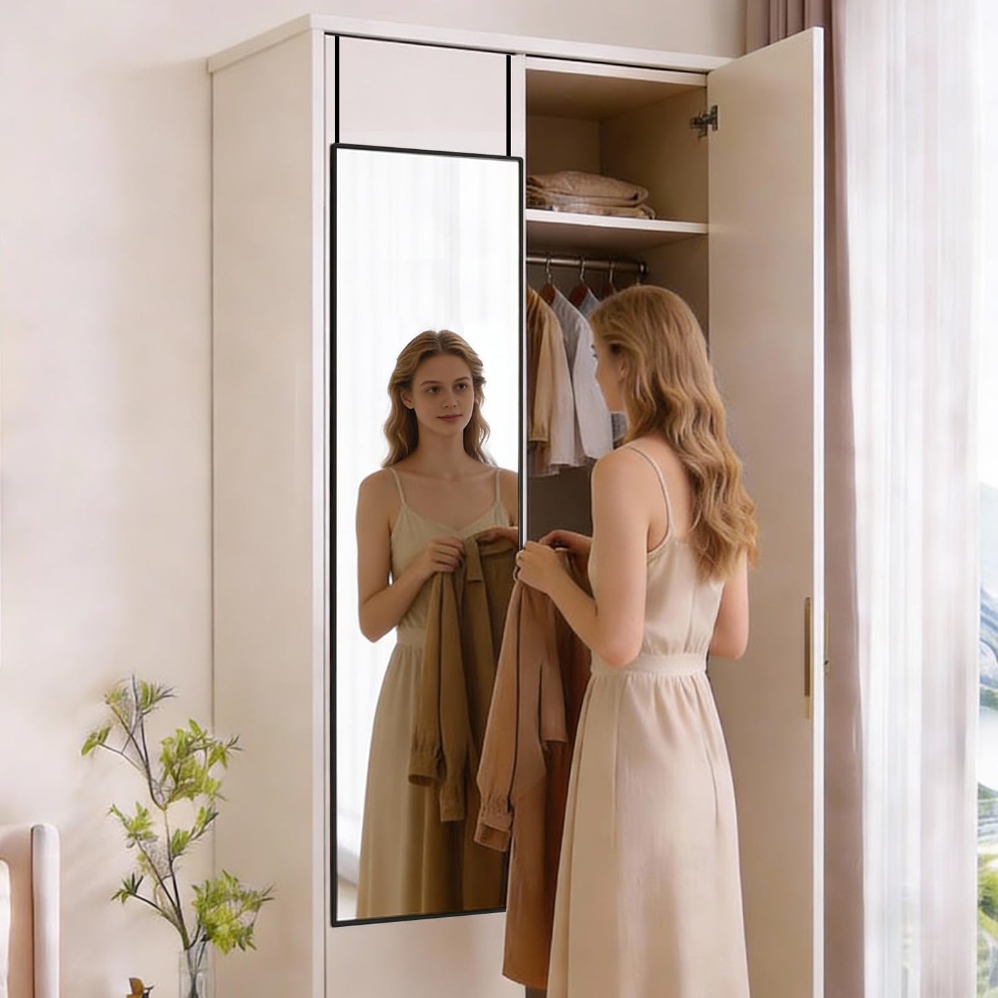 DUMOS 47x14 Full Length Mirror Over the Door, Wall Mounted Full Body Mirror, Door Hanging Metal Aluminum Alloy Frame Dressing Mirrors for Bedroom, Living Room, Entryway, Black
