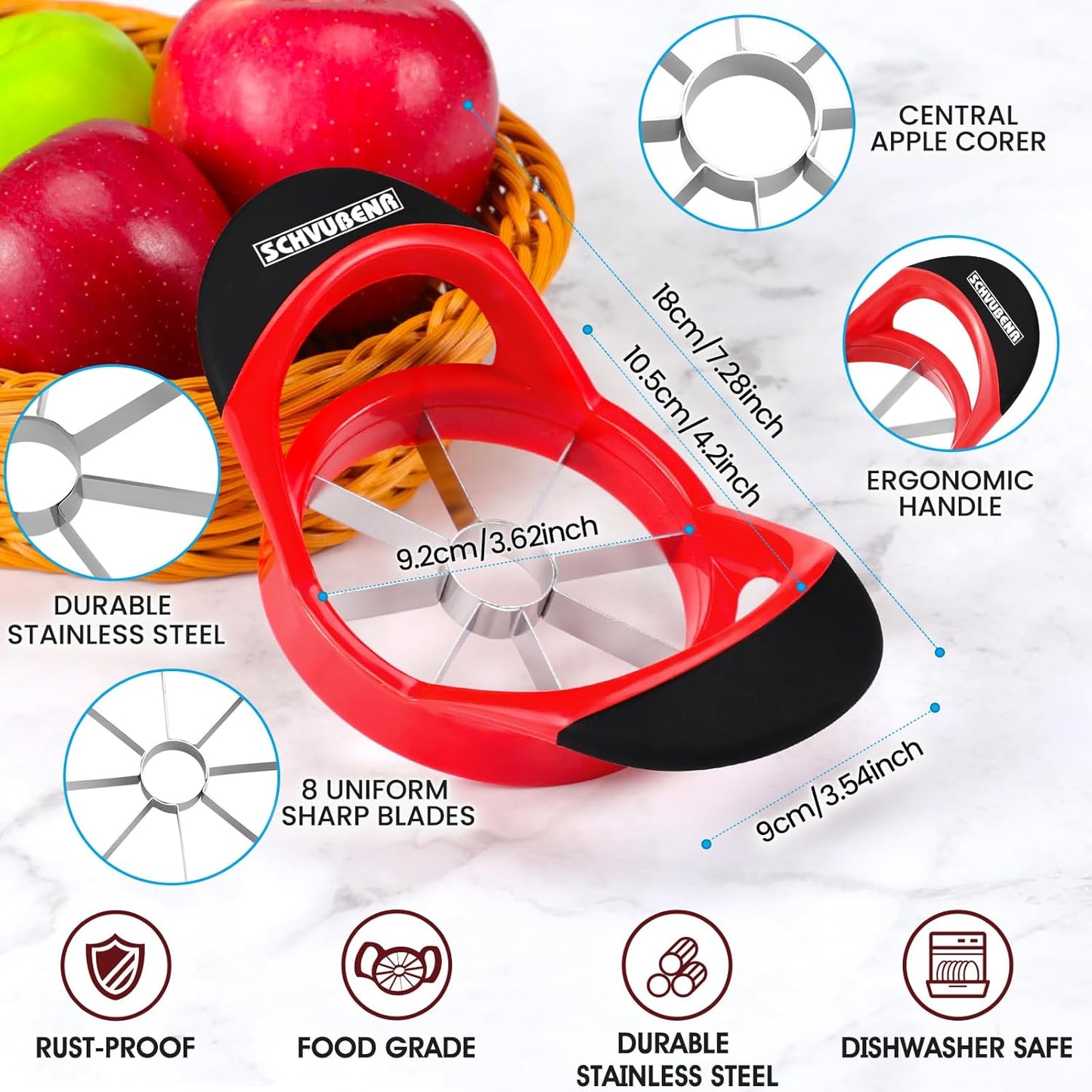 SCHVUBENR 3.5 Inch Apple Slicer, Professional Stainless Steel Apple Cutter, Super Sharp with 8 Blades, Red
