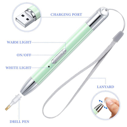 Zonon 2 Pieces LED Diamond Painting Pen 5d USB Rechargeable Lighting Point Drill Pen with 10 Head and 20 Glue Clay for DIY Handicraft(Green, Purple)