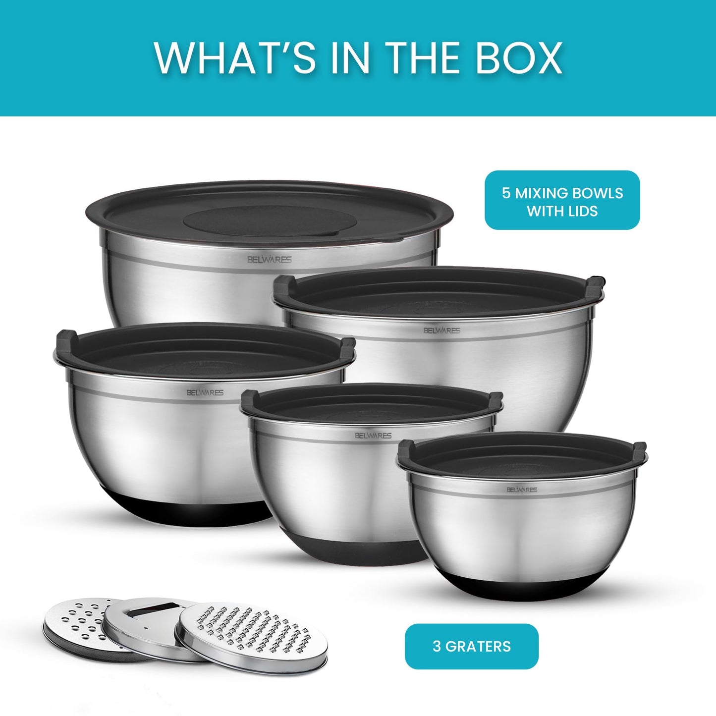 Belwares Mixing Bowls with Lids Set of 5 - Stainless Steel Mixing Bowl Set, Kitchen Nesting Metal Bowls with Non Slip Bottoms + 3 Grater Attachments, Airtight Lids, Food Prep + Storage, Matte Black