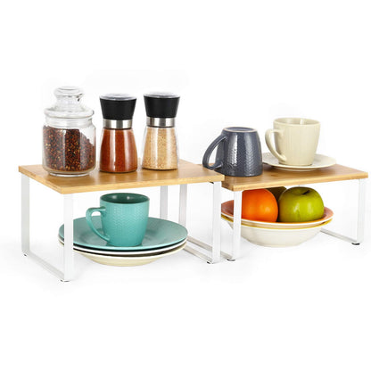 NEX Bamboo Kitchen Cabinet and Counter Shelf Organizer, Stackable & Expandable, Set of 4, White and Natural