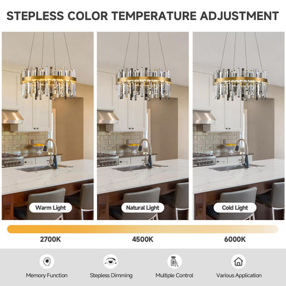 Gold Led Modern Crystal Chandelier: 19.7" Round Contemporary 3 Color Dimmable Dining Room Light Fixture over Table - Smoke Grey & Clear Crystals Chandeliers for Bedroom Living Kitchen Entryway Foyer