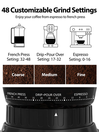 Aromaster Burr Coffee Grinder with 48 Gind Settings, Conical Coffee Bean Grinder for Home Use,Stainless Steel,40 Seconds Adjustable Timer,Anti-static,Easy to Clean with Brush
