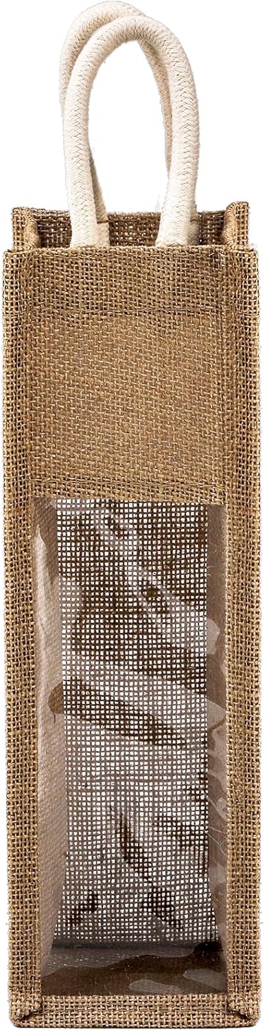 Peohud 3 Pack Burlap Wine Bottle Bags, Jute Gift Bags with Window and Handle for Wedding, Birthday, Christmas