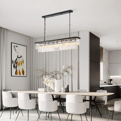 NOXARTE Rectangle Chandeliers for Dining Room, Modern Rectangular Crystal Chandelier Black 8 Lights Pendant Fixture for Kitchen Island Bar Living Room L47 Inch