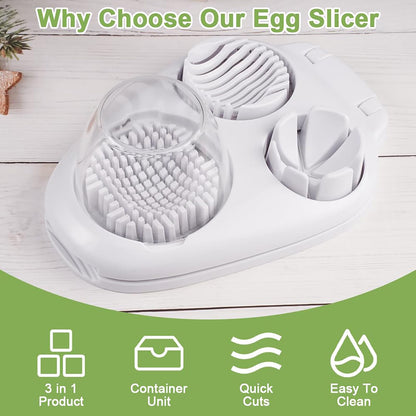 3 in 1 Egg Slicer for Hard Boiled Eggs with Cleaning Brush, Multipurpose 3-Way Cutter with 3 Slice Modes, Heavy Duty, Hard Boiled Egg Cutter & Fruit Slicer, Dishwasher Safe (White)