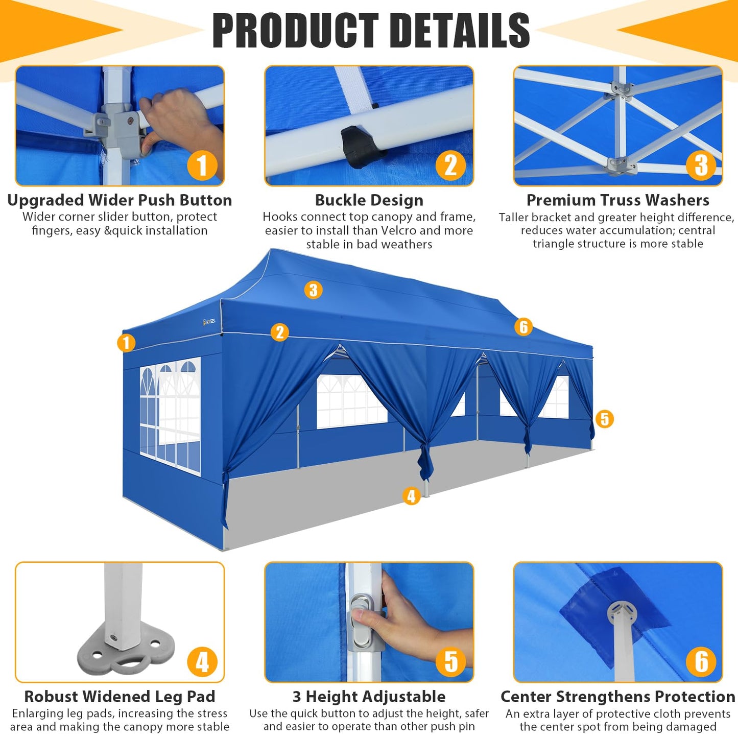 COBIZI 10x30 Heavy Duty Pop up Canopy Tent for Parties with 8 Sidewalls, Easy Setup Outdoor Commercial Gazebo for Wedding Event, Party Tent with Portable Bag & Sand Bags, Blue