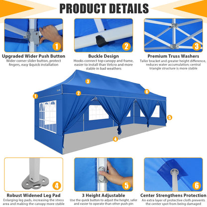 COBIZI 10x30 Heavy Duty Pop up Canopy Tent for Parties with 8 Sidewalls, Easy Setup Outdoor Commercial Gazebo for Wedding Event, Party Tent with Portable Bag & Sand Bags, Blue