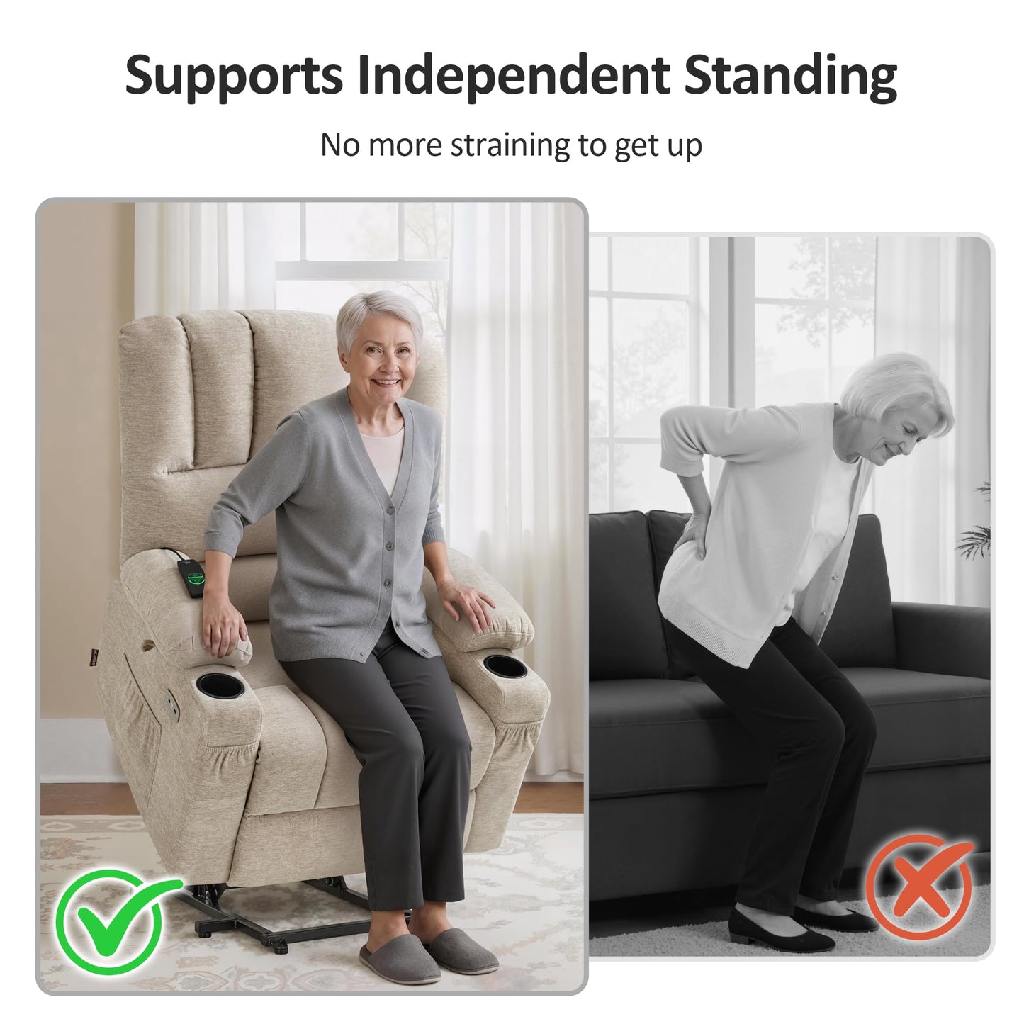 MCombo Power Lift Recliner Chair for Elderly, Lift Chair with Heat and Massage, USB &Type C Ports, Cup Holders, Fabric 7095 (Medium, Beige)