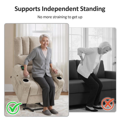 MCombo Power Lift Recliner Chair for Elderly, Lift Chair with Heat and Massage, USB &Type C Ports, Cup Holders, Fabric 7095 (Medium, Beige)