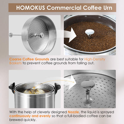 HOMOKUS Commercial Coffee Urn, 120 Cup Extra Large Hot Water Urn, 18L Silver Double Wall Stainless Steel Large Coffee Urns, 1500W Quick Brew Commercial Coffee Percolator Electric for Gatherings
