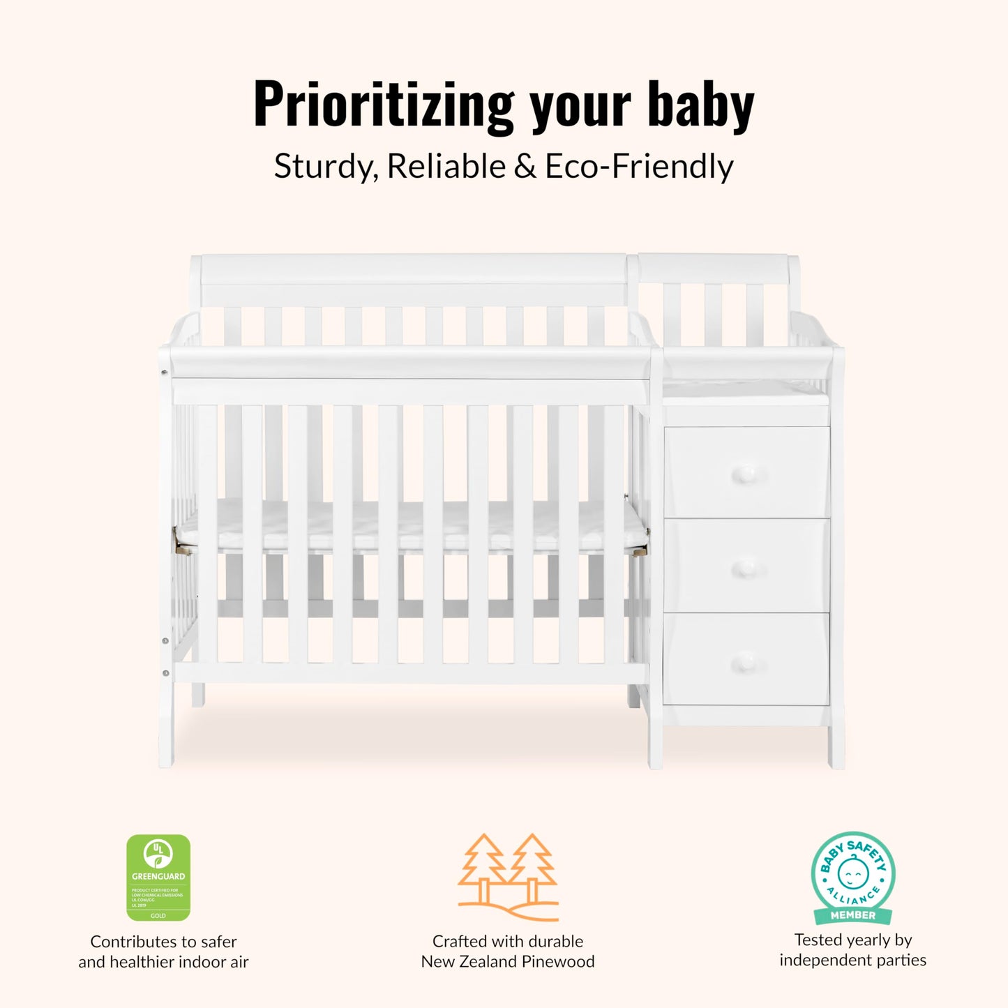 Dream On Me Jayden 4‑in‑1 Mini Convertible Baby Crib & Changer with Storage in White, Pinewood, GreenGuard Gold & BSA, 1” Mattress Pad, 3 Mattress Heights, Converts to Mini Day & Twin-Size Bed