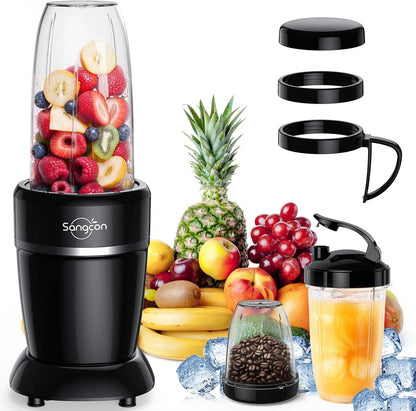 Sangcon 1000W Smoothie Blender - Portable Kitchen Blender with 3 Cups & Multiple Caps for Shakes & Ice Crushing