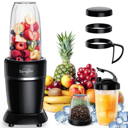Sangcon 1000W Smoothie Blender for Kitchen, Blenders for Smoothies with (3) Cups (2) Spout Covers (1) Storage Cap (1) To-Go Cap, Portable Blender for Shakes, Ice Crushing, Frozen Drinks, Spices