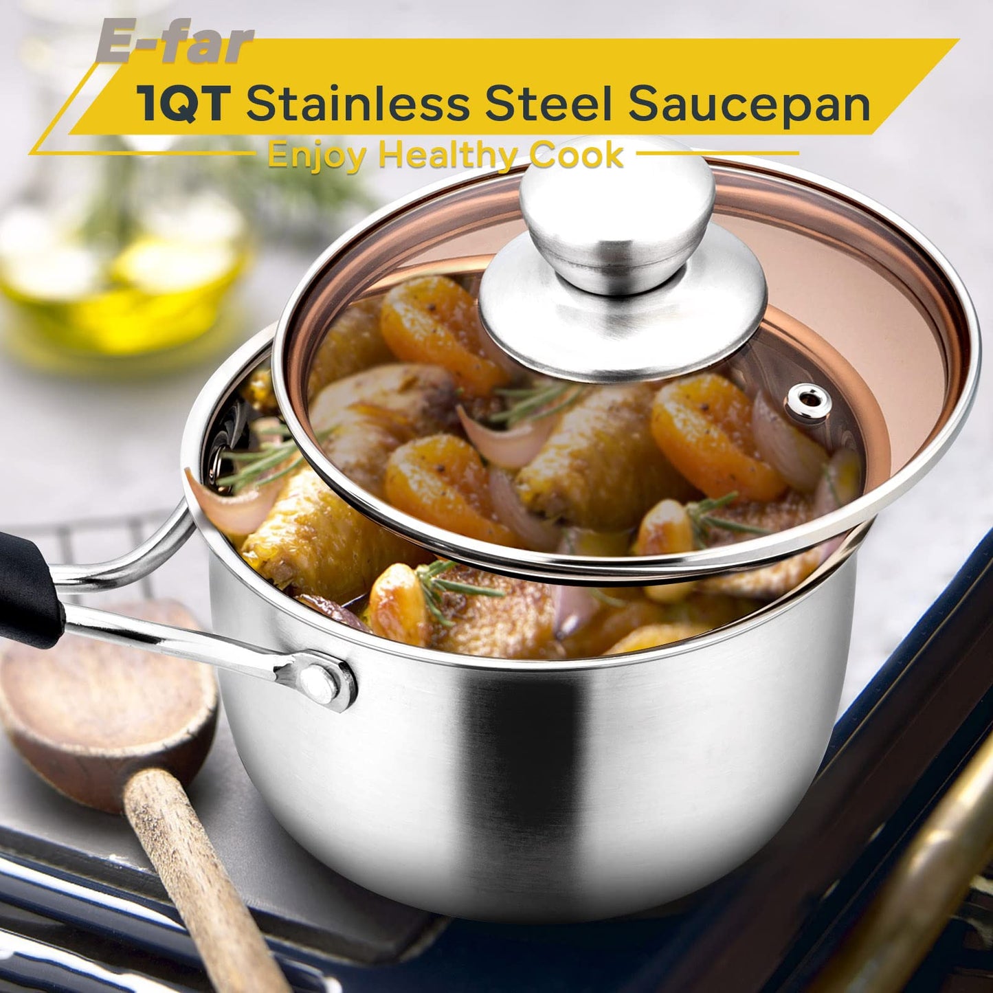 E-far 1 Quart Saucepan with Lid, Stainless Steel Small Sauce Pot with Glass Lid for Cooking, Easy Clean & Rust Free, Dishwasher Safe