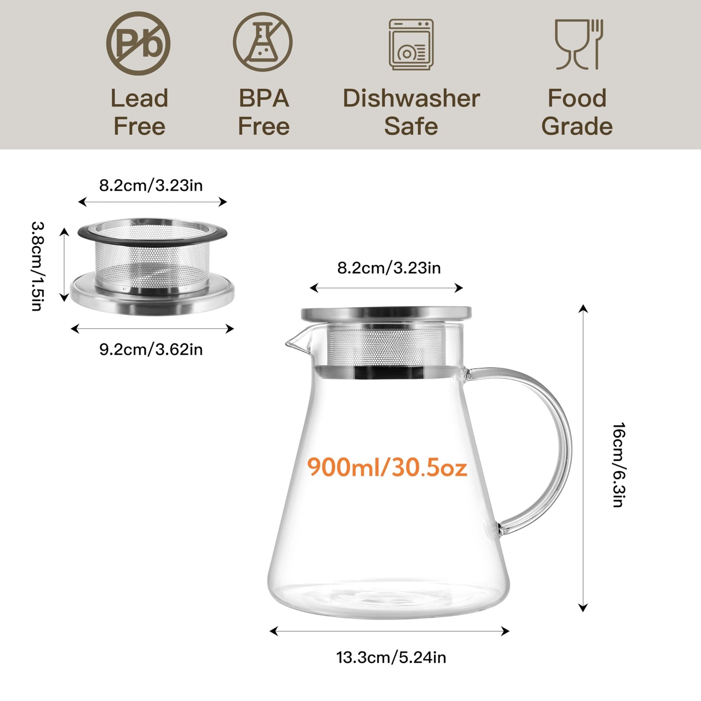 CNGLASS 30.5oz/900ml Glass Teapot Stovetop Safe,One-Touch Clear Tea Kettle,Blooming and Loose Leaf Tea Maker