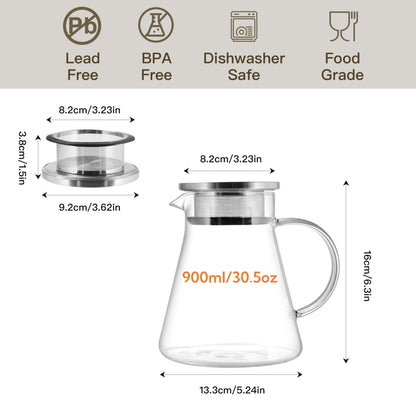 CNGLASS 30.5oz/900ml Glass Teapot Stovetop Safe,One-Touch Clear Tea Kettle,Blooming and Loose Leaf Tea Maker