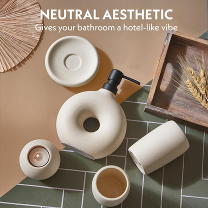 Terramoza Ceramic Bathroom Accessory Set, 5 Pcs - Soap Dispenser 16 Oz, Toothbrush Cup, Toothbrush Holder, Soap Dish, Candle Holder - Beige, Boho Bathroom Sink Decor, Modern Countertop Accessories