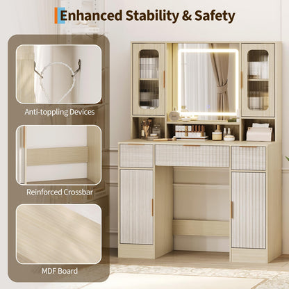 Garvee Vanity Desk with Mirror and Light, Modern Makeup Dressing Table with Adjustable 3 Colors Light, Vanities for Bedroom with 2 Glass Cabinet, 2 Large Cabinet, 3 Drawers & Storage Shelves, Natural