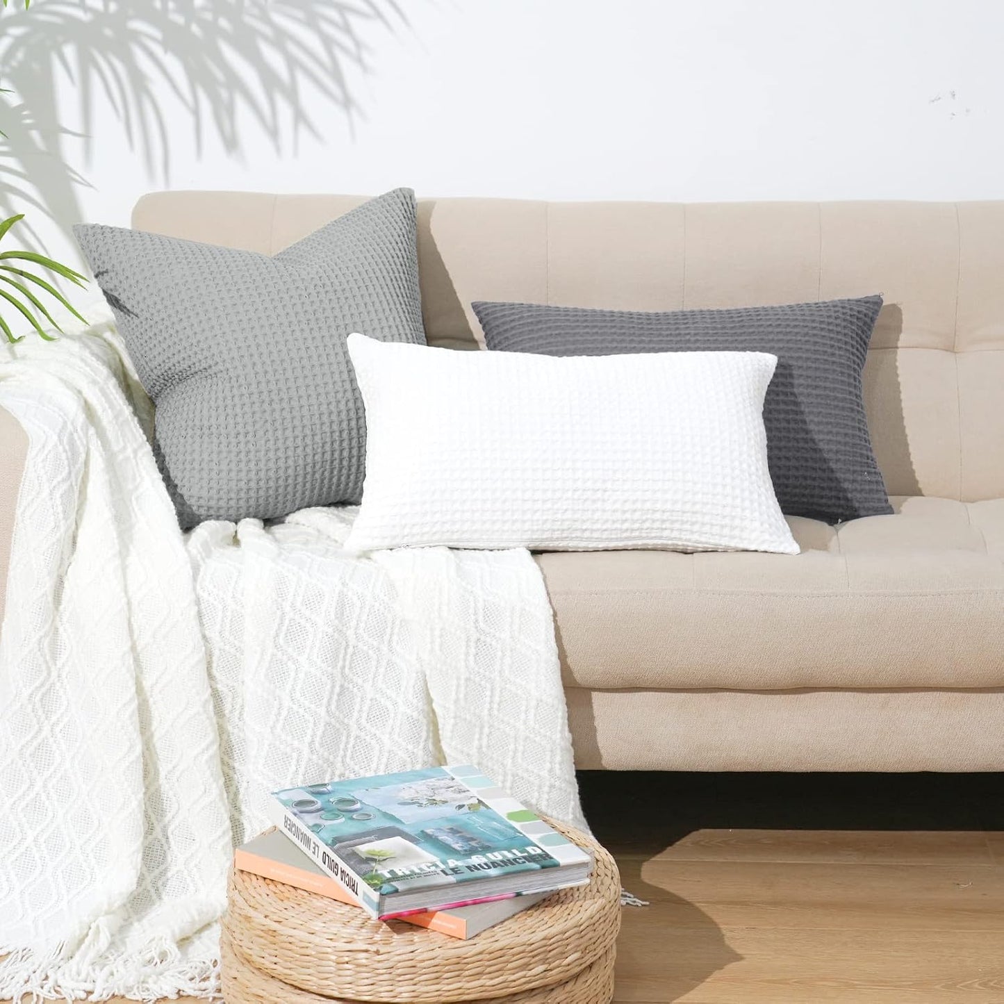 PHF 100% Cotton Waffle Weave Lumbar Pillow Cover, 12" x 20", 2 Pack, Light Grey
