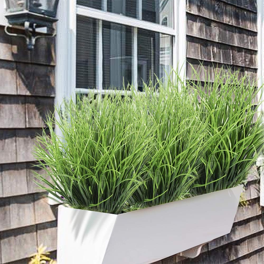 SLanC 8 Bundles Artificial Grass Plants Fake Bushes, UV Resistant Faux Grass Greenery for Outdoor