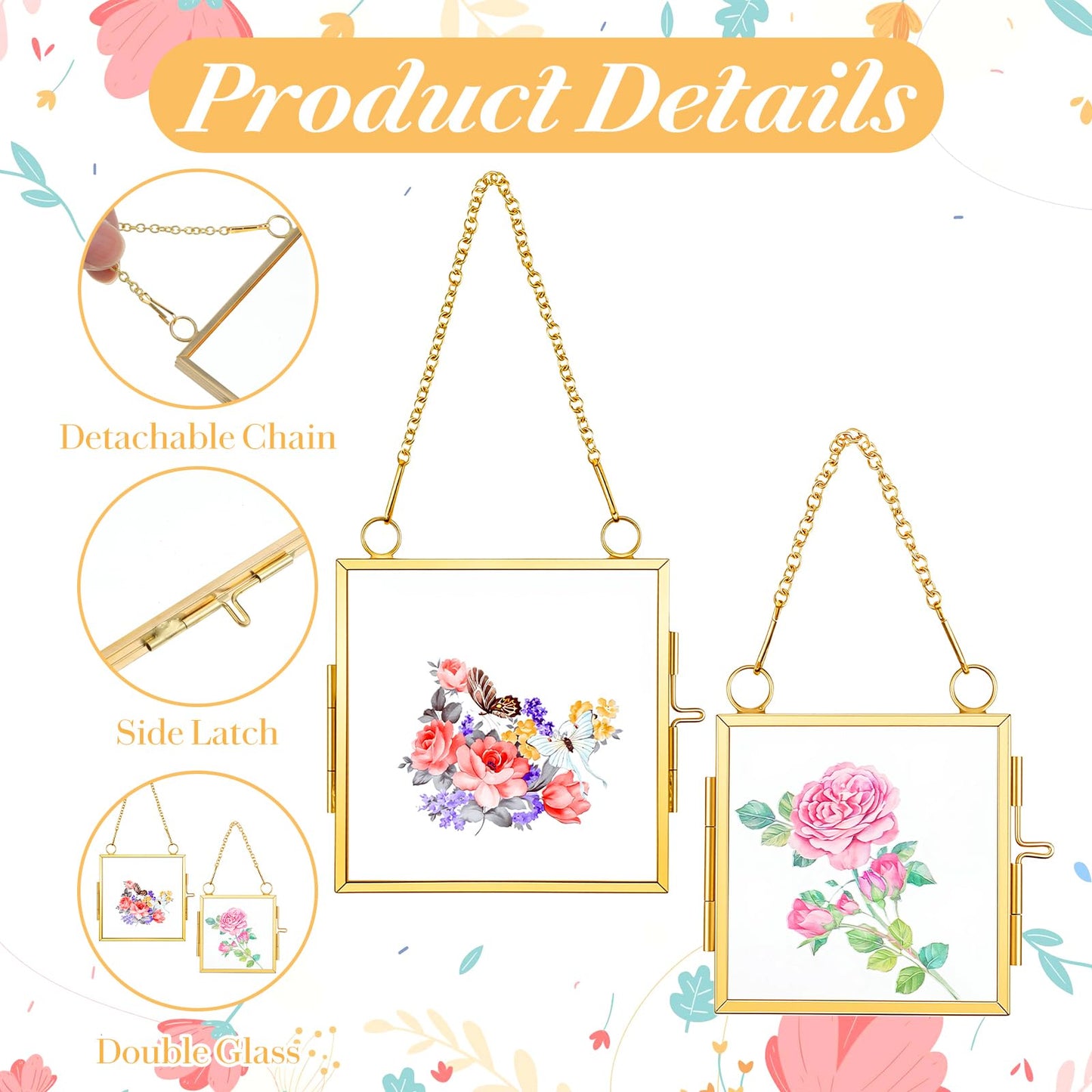 6 Pcs Mini Double Glass Pressed Flower Photo Frame Craft with Chain, 2.36" and 3.14" Small Square Glass Flower Frame for Christmas Handicraft Home Decor Gallery Artwork