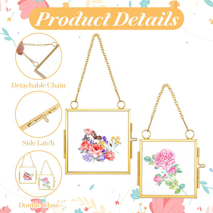 6 Pcs Mini Double Glass Pressed Flower Photo Frame Craft with Chain, 2.36" and 3.14" Small Square Glass Flower Frame for Christmas Handicraft Home Decor Gallery Artwork