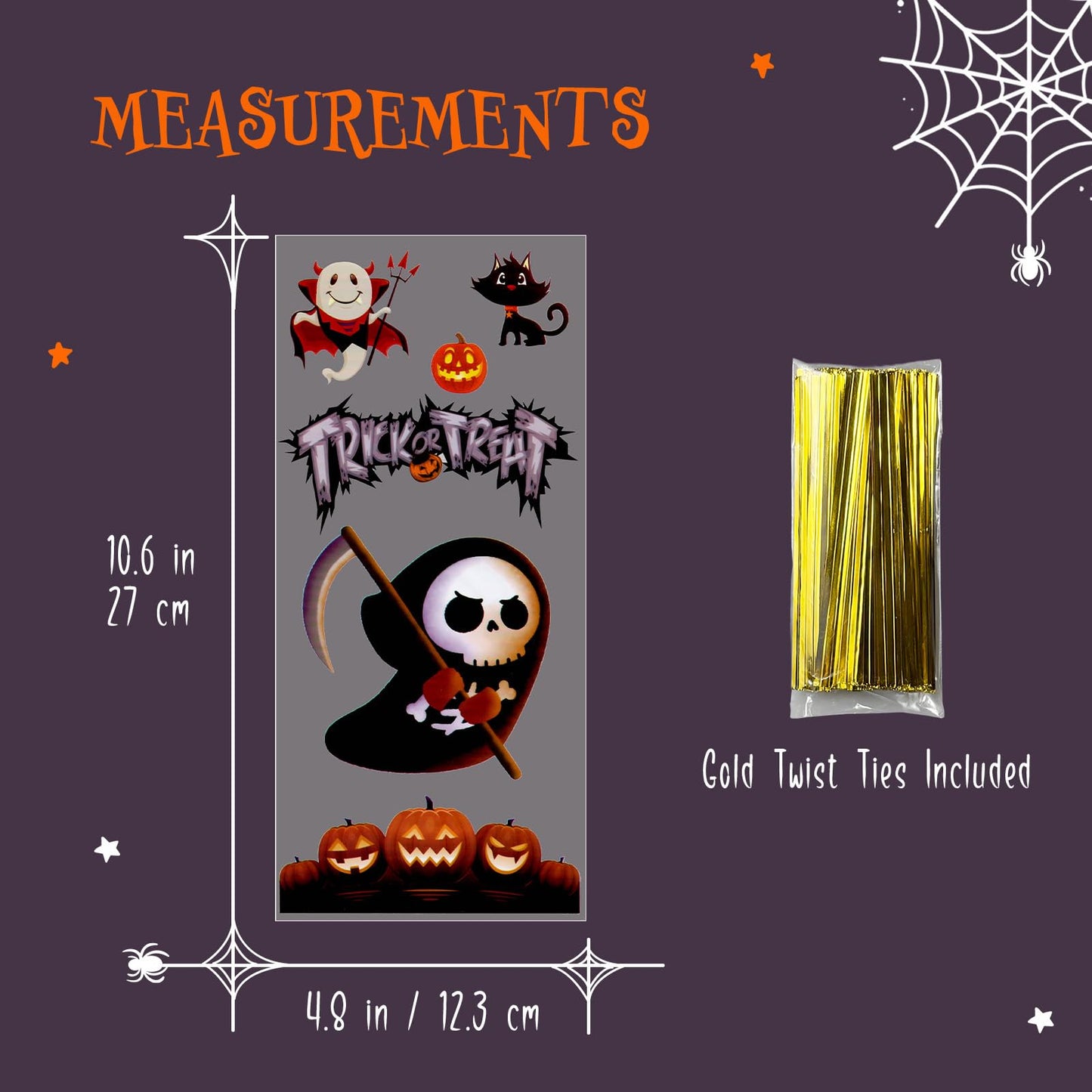 Confettiville Halloween Treat Bags, 200-Pack Cellophane Candy Goody Bags for Party Favors, Twists Included, 10.6 x 4.9 Inches, Creepy Cuties Collection