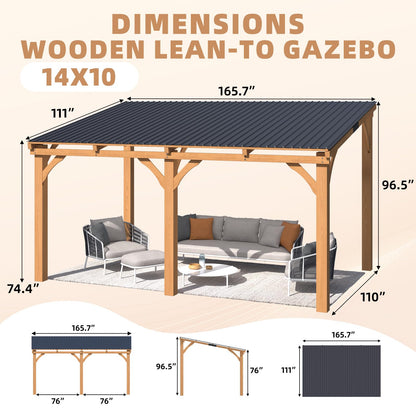 AECOJOY 10'x14' Outdoor Wood Ceder Gazebo for Patio, 14x10 Outdoor Lean to Hardtop Pergolas and Gazebos Clearance, Wall Mounted Wooden Gazebo Heavy Duty Metal Awnings for Patio, Decks, Backyard