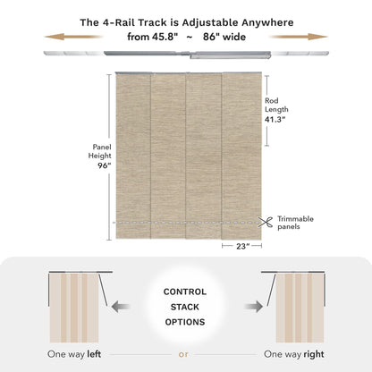 GoDear Design 99.99% Blackout Adjustable Sliding Panel Track Blinds for Sliding Glass Doors 45.8"- 86" W x 96" H, Extendable Vertical Blinds, Trimmable Natural Woven Panel, Bali Cottages