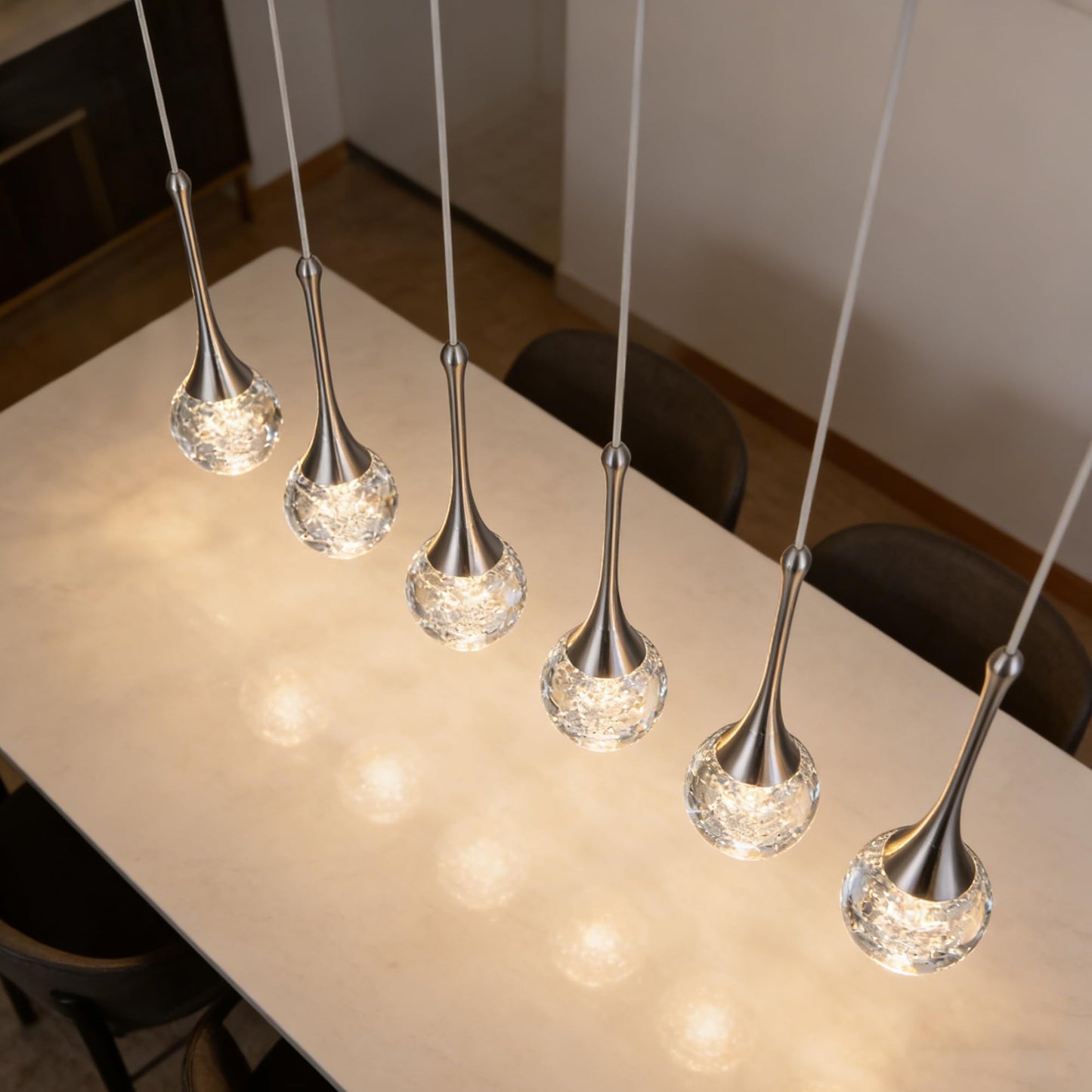 VINLUZ 6-Light Rectangle Brushed Nickel Crystal Chandelier, Dimmable LED Bubble Raindrop Modern Pendant Lighting Fixture, Luxury Elegant Adjustable Spiral Ceiling Light for Entryway Living Room Island