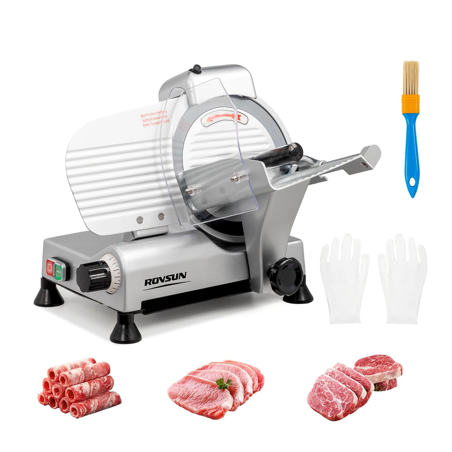 ROVSUN 10 inch Commercial Meat Slicer, 240W Electric Meat Slicer Machine, Frozen Meat Deli Cheese Food Slicer with Adjustable Thickness(0-12mm), Upgraded Carbon Steel Blade for Home and Commercial