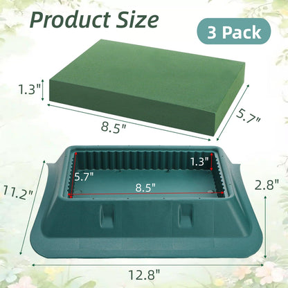 Jowgut 3 Pack Floral Foam with Bowl Kit, 12.8"L × 11.2"W × 2.8"H Large Rectangle Flower Arrangement Base Casket Saddle, Plastic Flower Foam Blocks Funeral Supplies for Table Party Wedding Festival