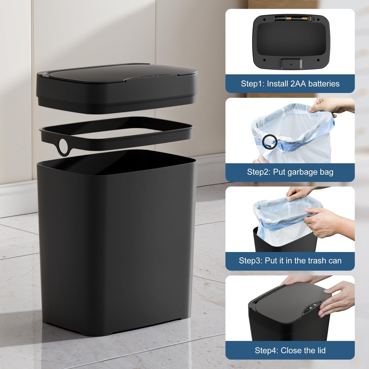 Vanpopubs 2 Pack 2.7 Gal Bathroom Trash Can with Lid, Automatic Trash Can Small Smart Garbage Can Touchless, Slim Motion Sensor Waterproof Plastic Trash Bins for Bedroom Office Kitchen Toilet Black