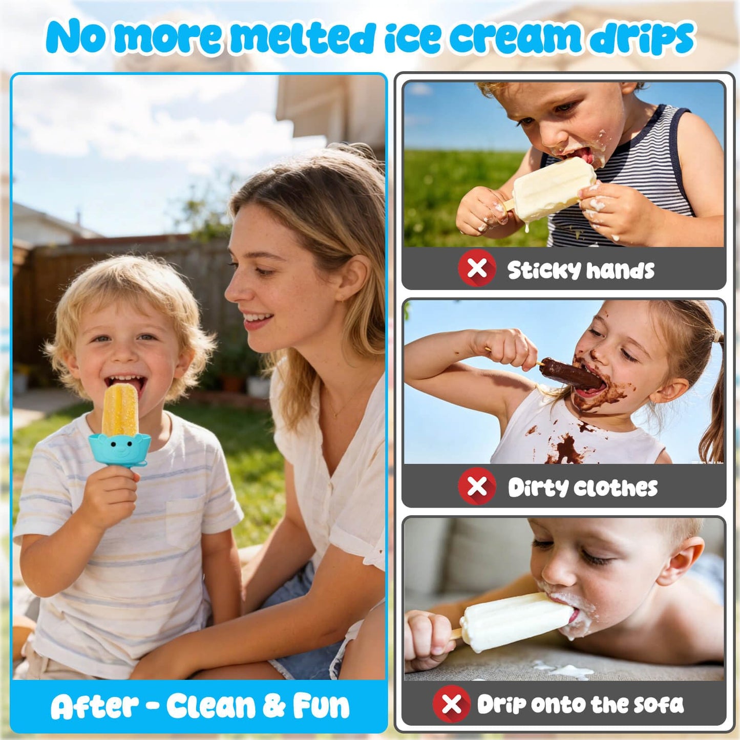 AIERSA 2-in-1 Silicone Popsicle & Ice Cream Holders for Kids, Reusable Popsicle Holder Catches Melting Drips, Dishwasher Safe Popsicle Drip Catcher with Storage Case 4-Pack