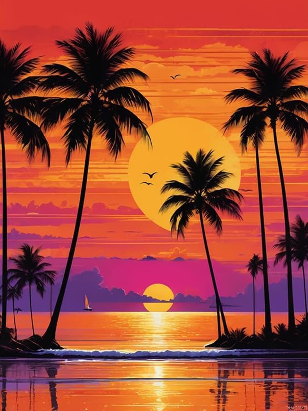 PUAGEMTI Palm Tree Sunset Diamond Painting,Summer Beach Sunset 5D Diamond Art Painting Kits Home Wall Decor for Adults Beginners DIY Full Drill 12x16 Inch