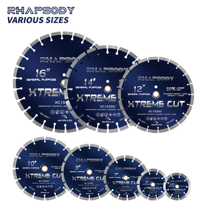 RHAPSODY 9 Inch Diamond Saw Blade, Segmented General Purpose Blade Dry/Wet Cutting Concrete, Granite, Masonry, Brick, Block,7/8"-5/8” Arbor