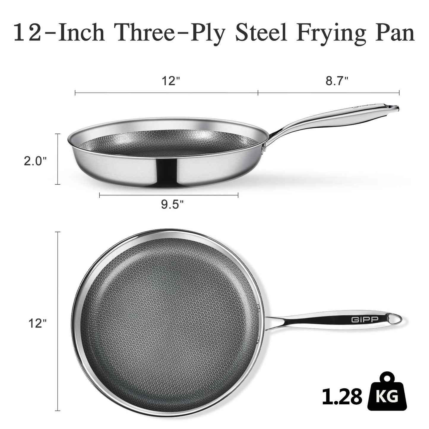 GiPP Tri-Ply Stainless Steel Frying Pan, 12 inch Hybrid Frying Pans Nonstick Skillets, Dishwasher and Oven-Safe, Induction Ready, Compatible with All Cook tops, PFOS/PFOA Free