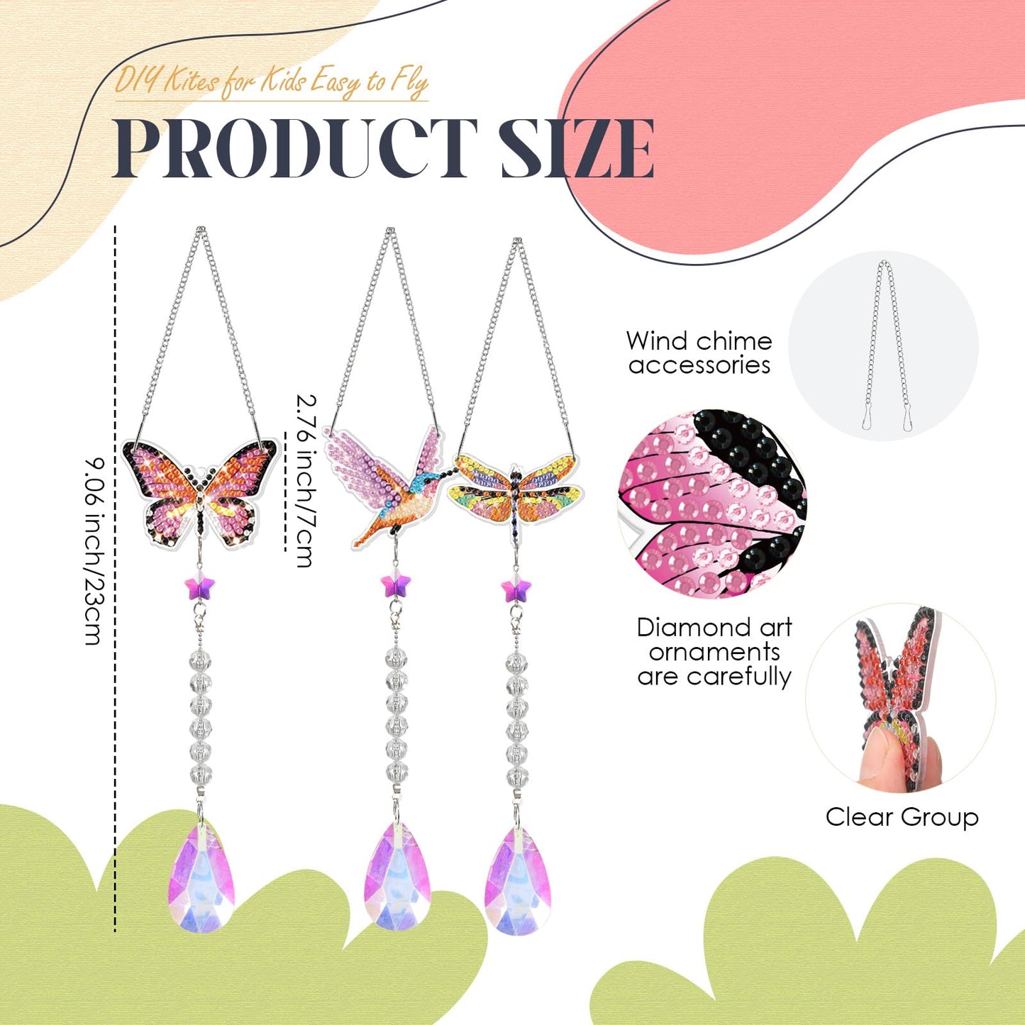 Seenelling 24 Pcs Diamond Painting Suncatcher Bulk Wind Chime Diamond Art Kits DIY Crafts with Crystal Pendant for Summer Spring Adult Window Garden Home Party Gift(Butterfly Dragonfly Bird)