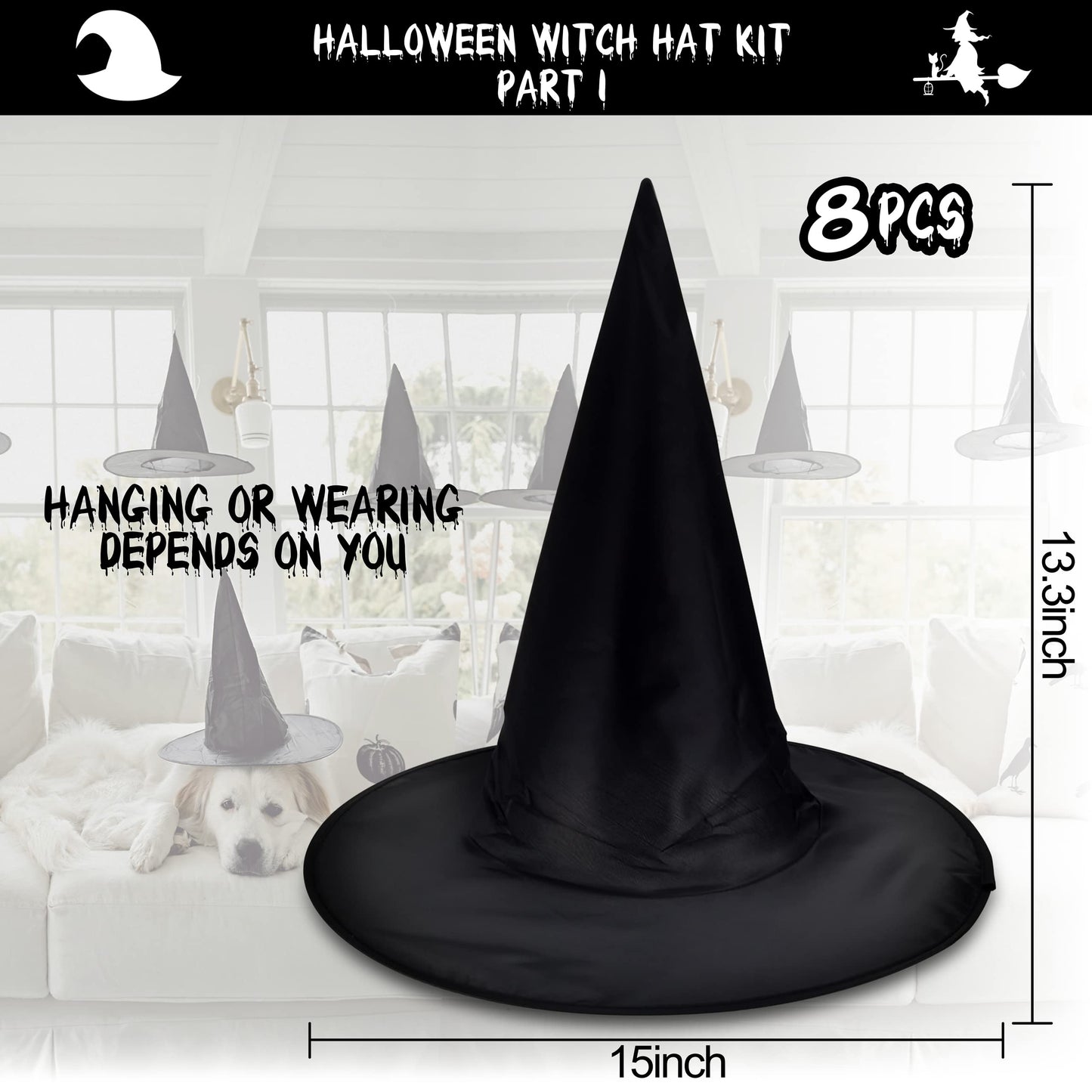 LINAYE Halloween Witches Hat XL Kit - 8 PCS Black Witch Hats with Hanging Rope,16 PCS 3D Bat,Spider Web,Creepy Cloth Halloween Hanging Decoration Decor Wizard Hats