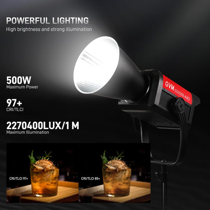 GVM 500W COB LED Video Light, APP Control, Bi-Color Continuous Output Lighting with Bowens Mount, 2700K-6800K, CRI/TLCI97+, 227040lux@1m, 12 Effects & 12 Sources for Studio Photography