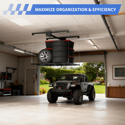 Garage Ceiling Storage Racks, Garage with the 4x4ft Overhead Lift Storage Rack, Experience Effortless Organization with 350lb Capacity, Smooth Crank System, Space-Saving Ceiling Rack Design
